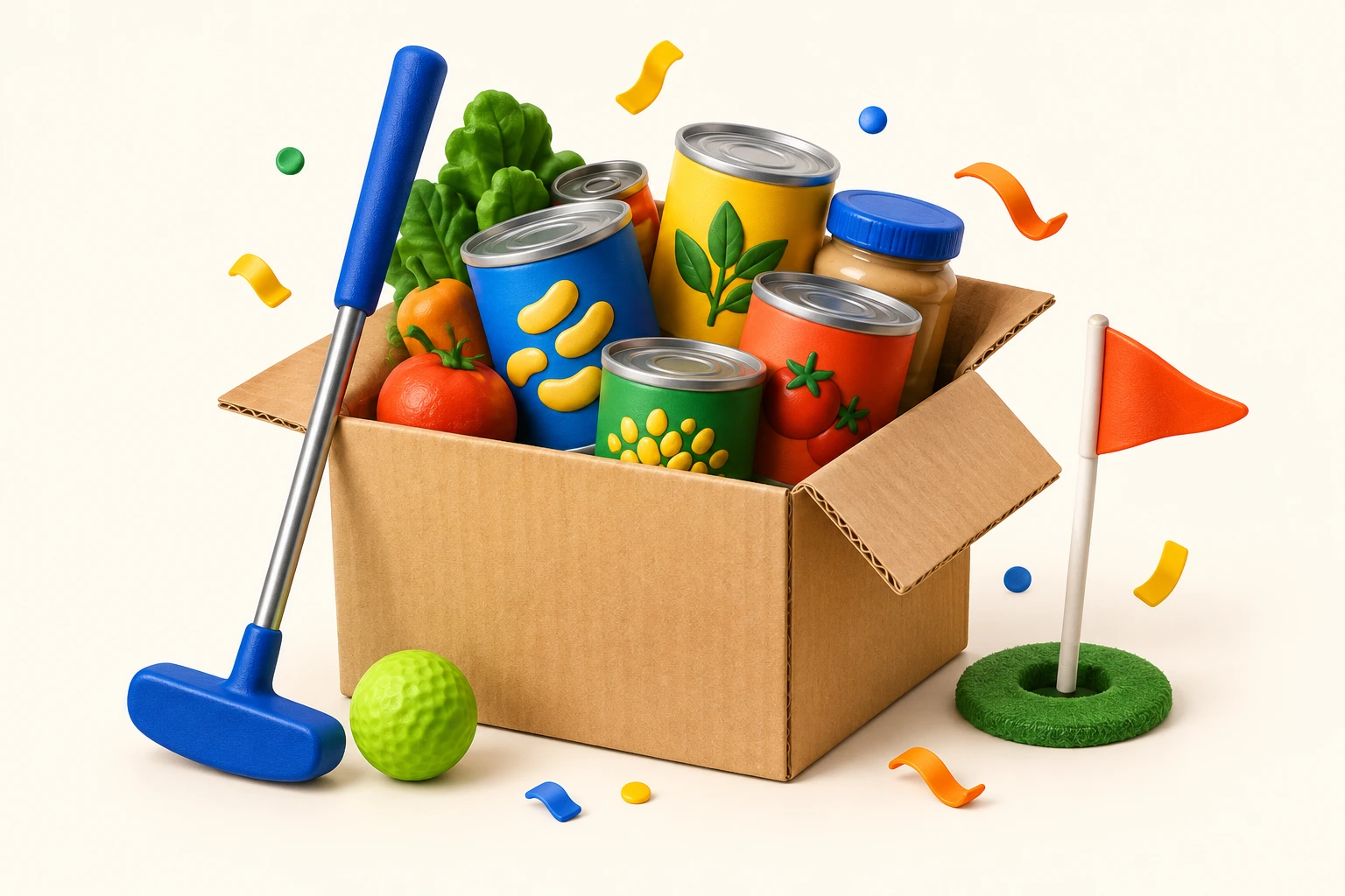 Illustration of a food donation box full of colorful cans beside a putter and a golf ball
