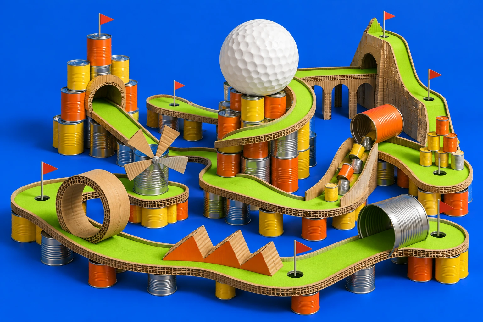A fantastical mini golf park with canned-food towers, cardboard ramps, tiny flags, and an enormous golf ball